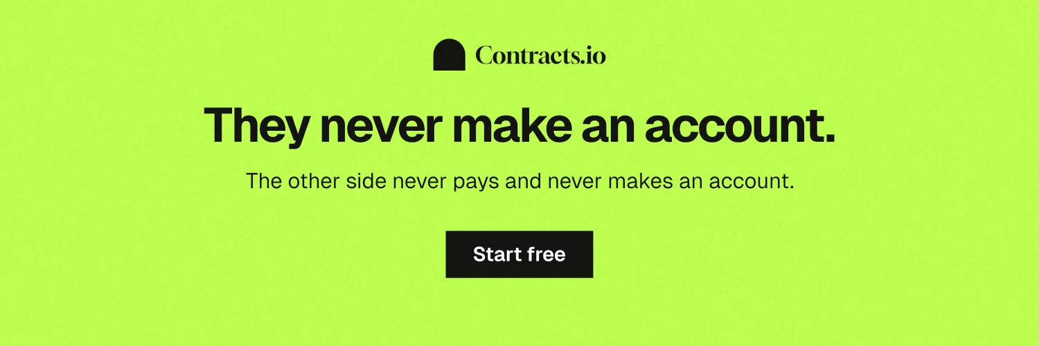 X header for contracts.io: "They never make an account." Swiss style, centred layout, light palette in green.
