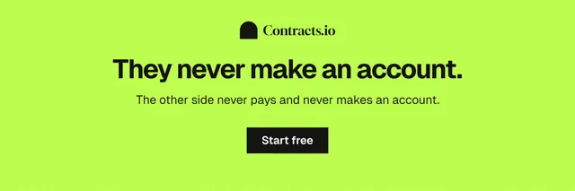 X header for contracts.io: "They never make an account." Swiss style, centred layout, light palette in green.