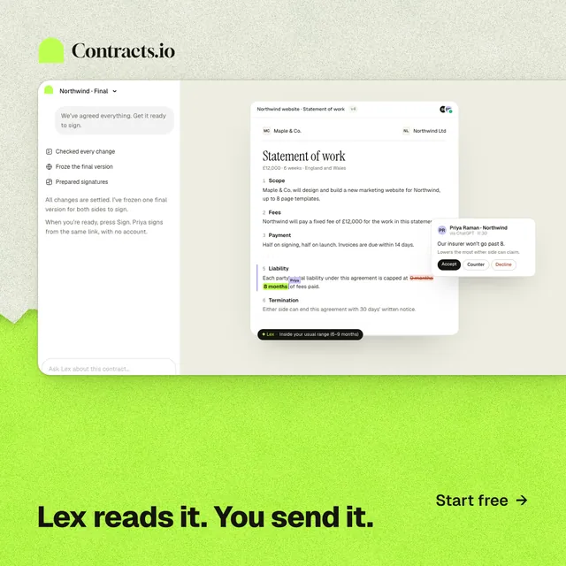 Instagram post for contracts.io: "Lex reads it. You send it." Paper trio style, image led layout, light palette in yellow, green, white.