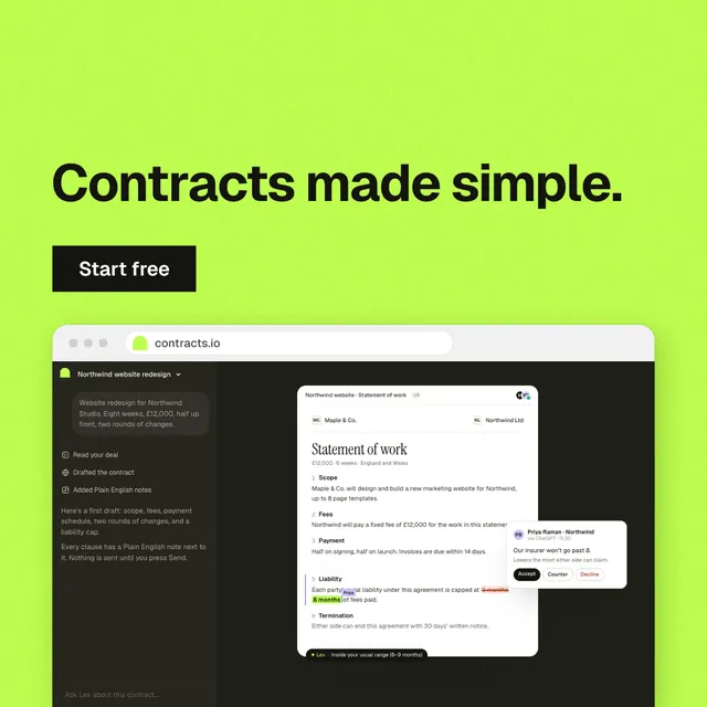 Instagram post for contracts.io: "Contracts made simple." Swiss style, browser layout, light palette in green, black.