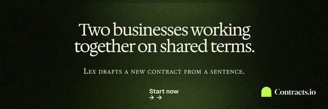 X header for contracts.io: "Two businesses working together on shared terms." Dark deco style, smallcaps layout, dark palette in black, green.