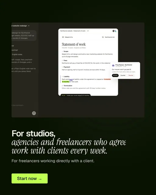 Video for contracts.io: "For studios, agencies and freelancers who agree work with clients every week.". Doc motion loop, 8.0 s, dark palette.