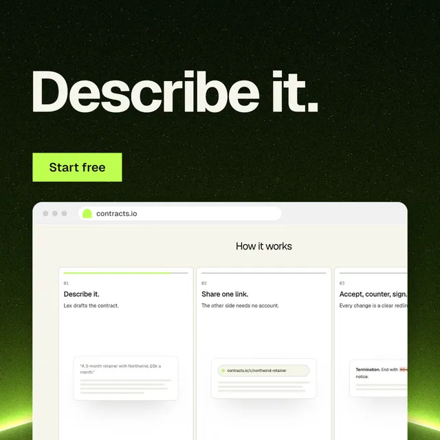 Instagram post for contracts.io: "Describe it." Swiss style, browser layout, light palette in white, black, green.