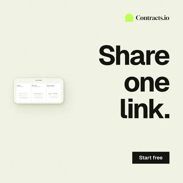 Instagram post for contracts.io: "Share one link." Swiss style, right layout, light palette in white, grey.
