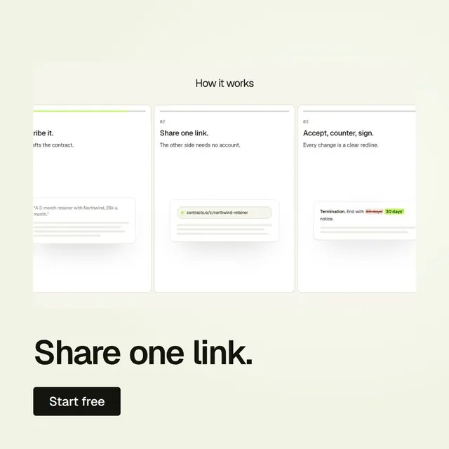Video for contracts.io: "Share one link.". Doc motion loop, 6.0 s, light palette.