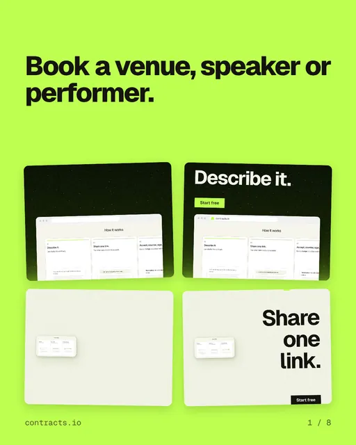 Carousel for contracts.io: "Book a venue, speaker or performer.". Collection carousel, 8 slides, light palette.