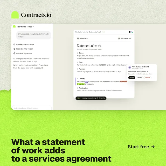 Instagram post for contracts.io: "What a statement of work adds to a services agreement". Paper trio style, image led layout, light palette in green, white.