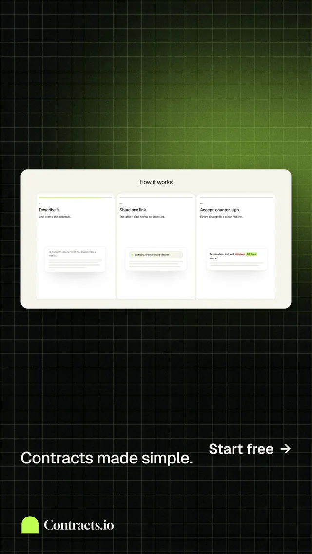 Instagram story for contracts.io: "Contracts made simple." Phosphor atlas style, image led layout, dark palette in black, green.