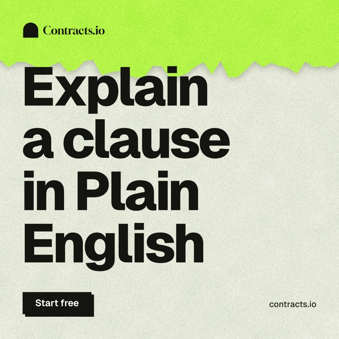 Instagram post for contracts.io: "Explain a clause in Plain English". Paper trio style, poster layout, light palette in green, grey.