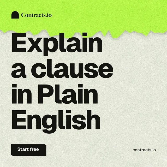 Instagram post for contracts.io: "Explain a clause in Plain English". Paper trio style, poster layout, light palette in green, grey.