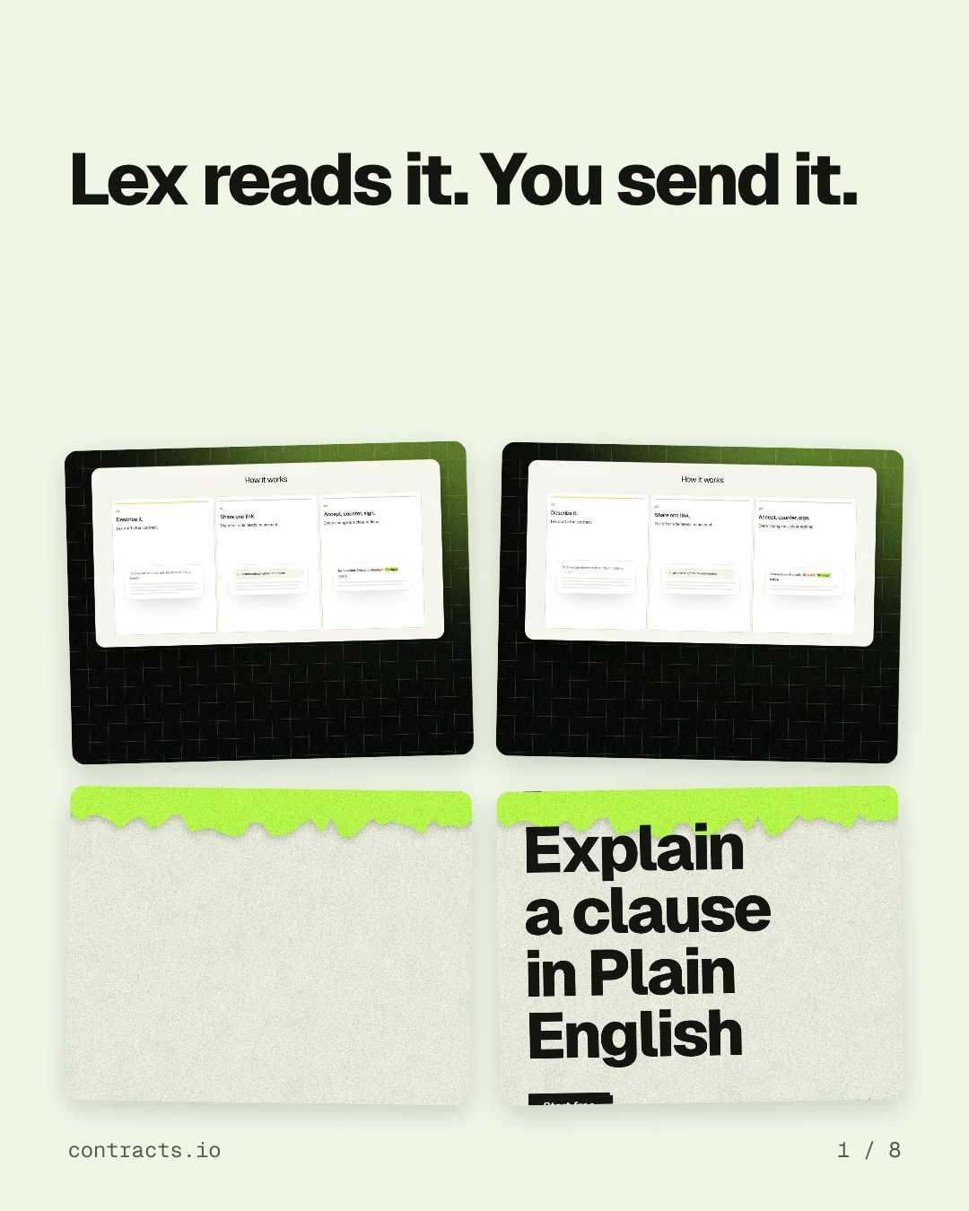 Carousel for contracts.io: "Lex reads it. You send it.". Collection carousel, 8 slides, light palette.