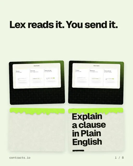 Carousel for contracts.io: "Lex reads it. You send it.". Collection carousel, 8 slides, light palette.