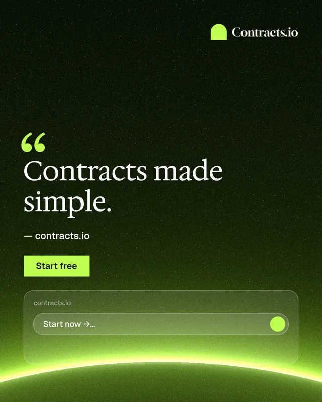 Instagram portrait post for contracts.io: "Contracts made simple." Swiss style, quote layout, dark palette in black, green.