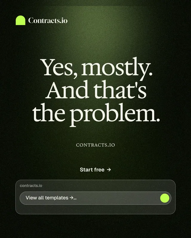 Instagram portrait post for contracts.io: "Yes, mostly. And that's the problem." Dark deco style, smallcaps layout, dark palette in green, black, grey.
