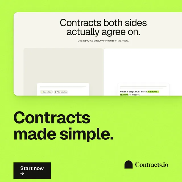 Instagram post for contracts.io: "Contracts made simple." Swiss style, bottom layout, light palette in green.