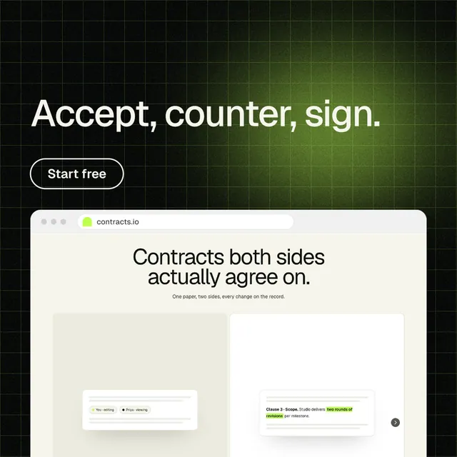 Instagram post for contracts.io: "Accept, counter, sign." Phosphor atlas style, browser layout, light palette in black, white, green.