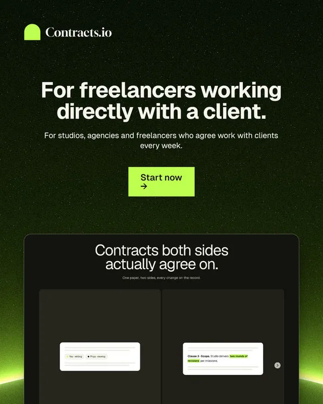 Instagram portrait post for contracts.io: "For freelancers working directly with a client." Swiss style, centred layout, dark palette in black, green.