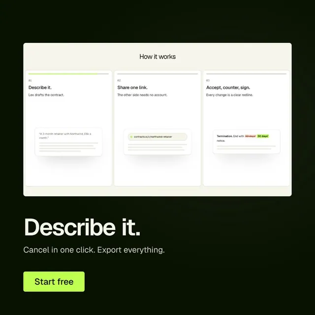 Video for contracts.io: "Describe it.". Doc motion loop, 8.0 s, light palette.