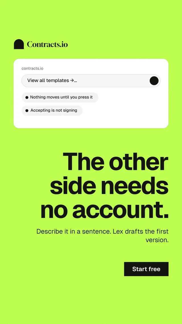 Instagram story for contracts.io: "The other side needs no account." Swiss style, right layout, light palette in green.