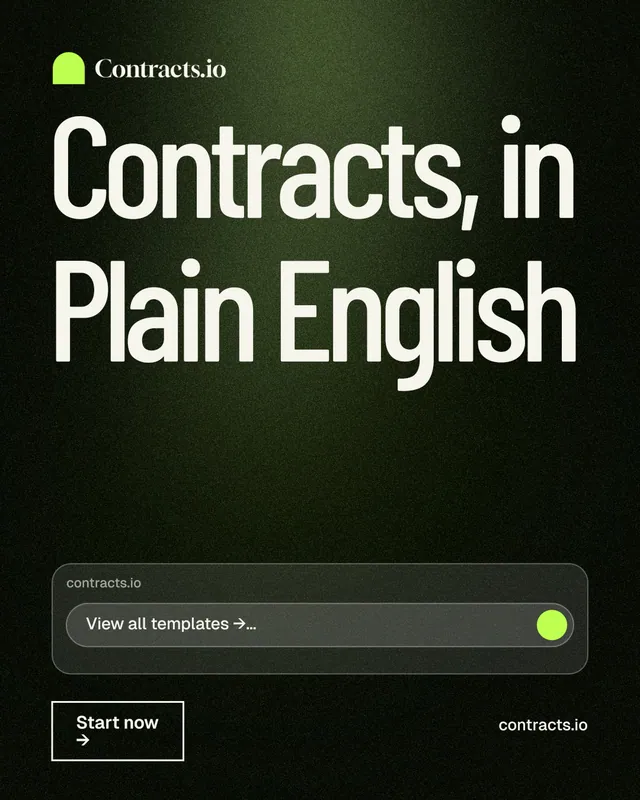 Instagram portrait post for contracts.io: "Contracts, in Plain English". Dark deco style, poster layout, dark palette in green, black, grey.