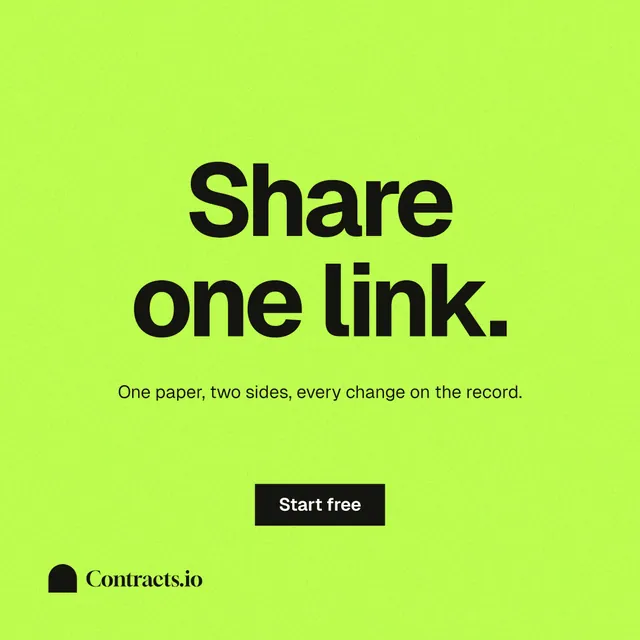 Instagram post for contracts.io: "Share one link." Swiss style, centred layout, light palette in green.