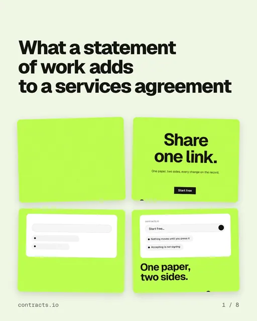 Carousel for contracts.io: "What a statement of work adds to a services agreement". Collection carousel, 8 slides, light palette.