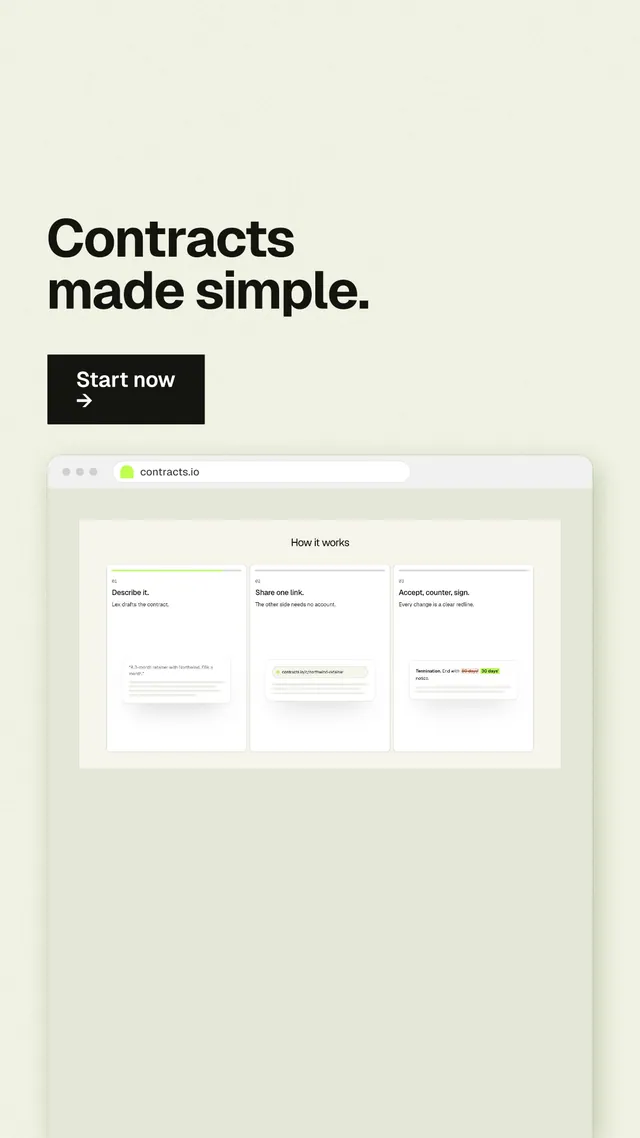 Instagram story for contracts.io: "Contracts made simple." Swiss style, browser layout, light palette in yellow, green, white.