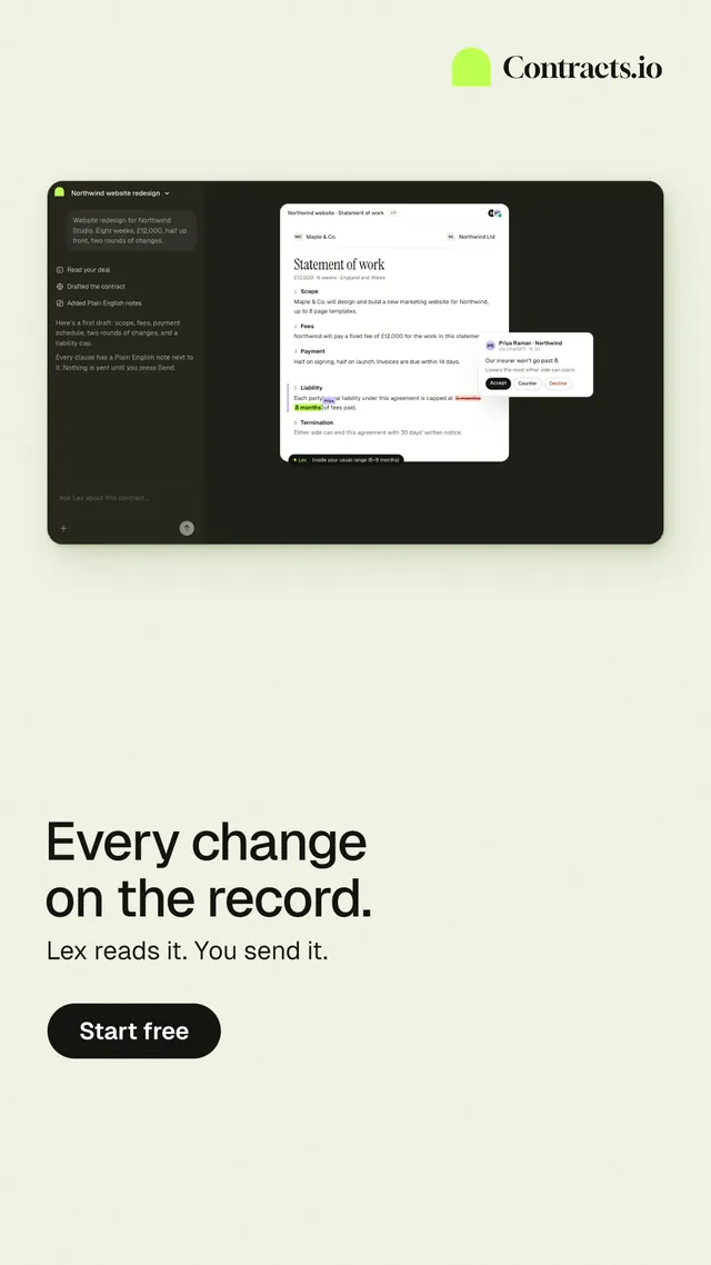 Instagram story for contracts.io: "Every change on the record." Data card style, bottom layout, light palette in white, black, green.