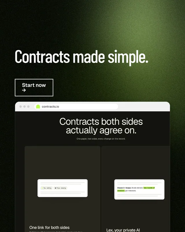 Instagram portrait post for contracts.io: "Contracts made simple." Dark deco style, browser layout, dark palette in black, green, grey.