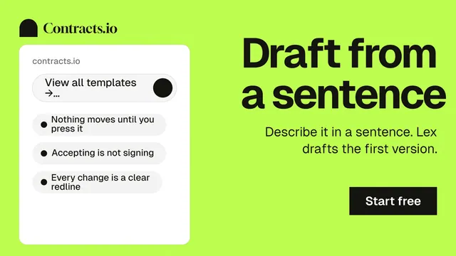 Landscape graphic for contracts.io: "Draft from a sentence". Swiss style, right layout, light palette in green, white.