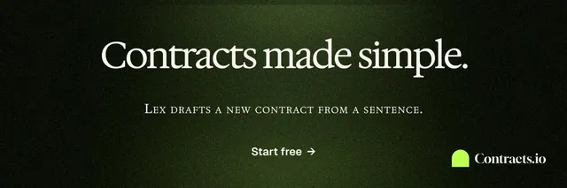 X header for contracts.io: "Contracts made simple." Dark deco style, smallcaps layout, dark palette in black, green.