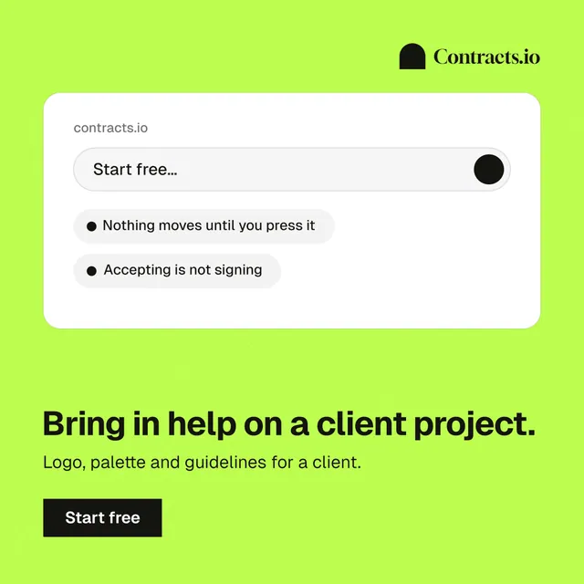 Instagram post for contracts.io: "Bring in help on a client project." Swiss style, bottom layout, light palette in green, white.