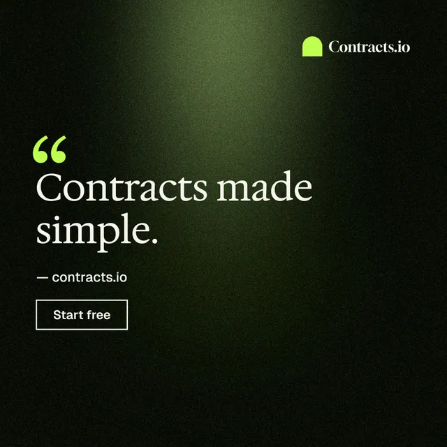 Instagram post for contracts.io: "Contracts made simple." Dark deco style, quote layout, dark palette in black, green.