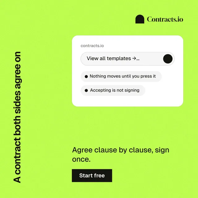 Instagram post for contracts.io: "A contract both sides agree on". Swiss style, vertical layout, light palette in green.