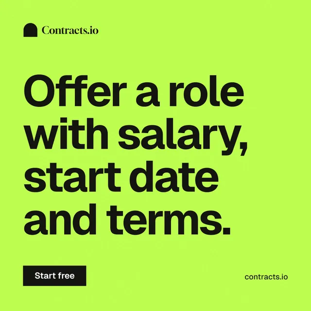 Instagram post for contracts.io: "Offer a role with salary, start date and terms." Swiss style, poster layout, light palette in green.