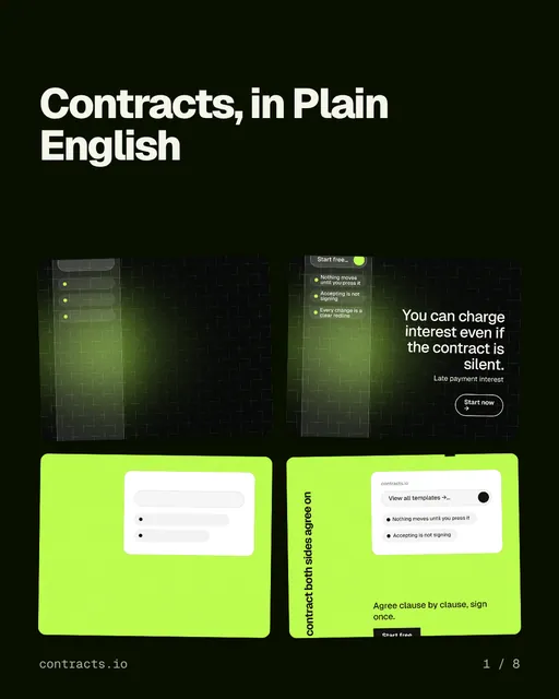 Carousel for contracts.io: "Contracts, in Plain English". Collection carousel, 8 slides, dark palette.