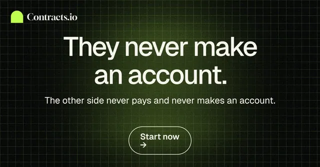 Social ad for contracts.io: "They never make an account." Phosphor atlas style, centred layout, dark palette in black, grey.