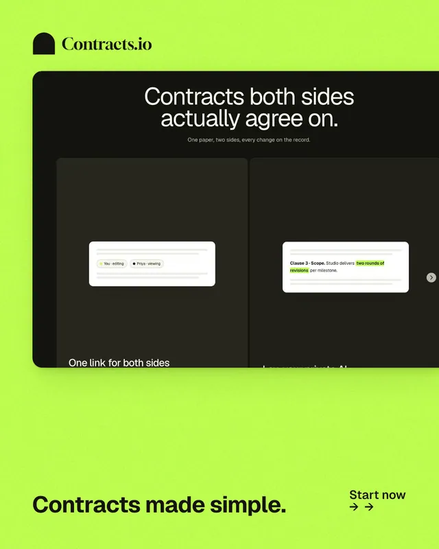 Instagram portrait post for contracts.io: "Contracts made simple." Swiss style, image led layout, light palette in green, black.