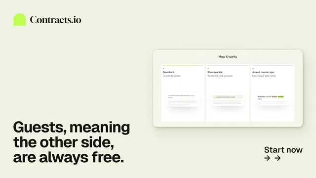 Landscape graphic for contracts.io: "Guests, meaning the other side, are always free." Swiss style, image led layout, light palette in white.