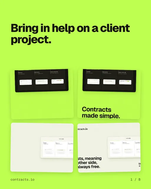 Carousel for contracts.io: "Bring in help on a client project.". Collection carousel, 8 slides, light palette.