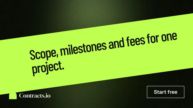 Landscape graphic for contracts.io: "Scope, milestones and fees for one project." Dark deco style, diagonal layout, light palette in green, black.