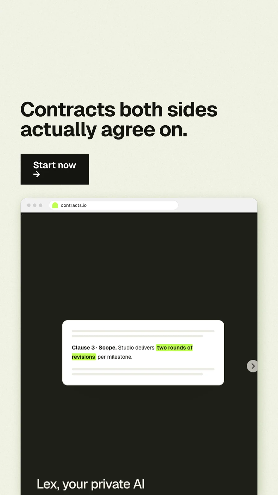 Instagram story for contracts.io: "Contracts both sides actually agree on." Swiss style, browser layout, light palette in white, black, grey.