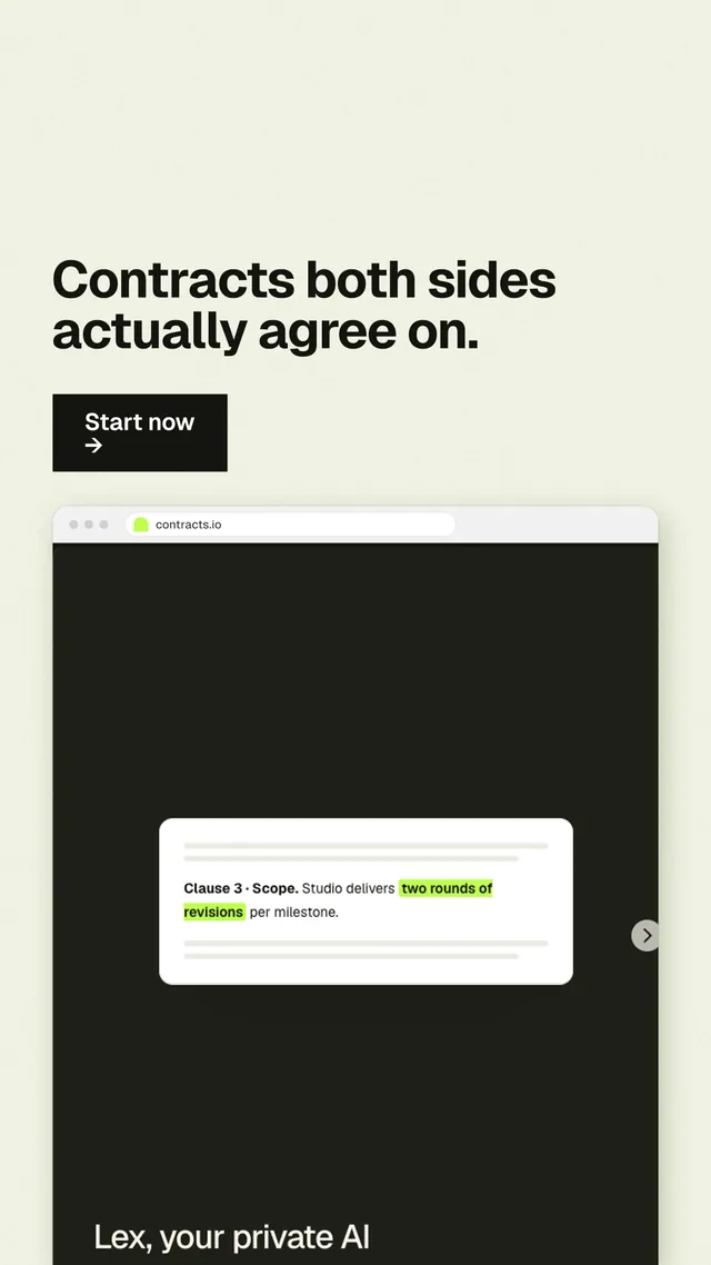 Instagram story for contracts.io: "Contracts both sides actually agree on." Swiss style, browser layout, light palette in white, black, grey.