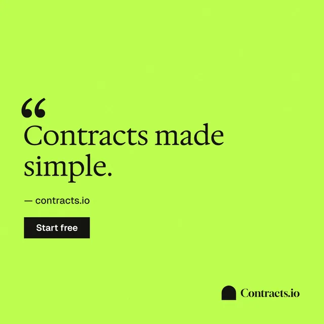 Instagram post for contracts.io: "Contracts made simple." Swiss style, quote layout, light palette in green.