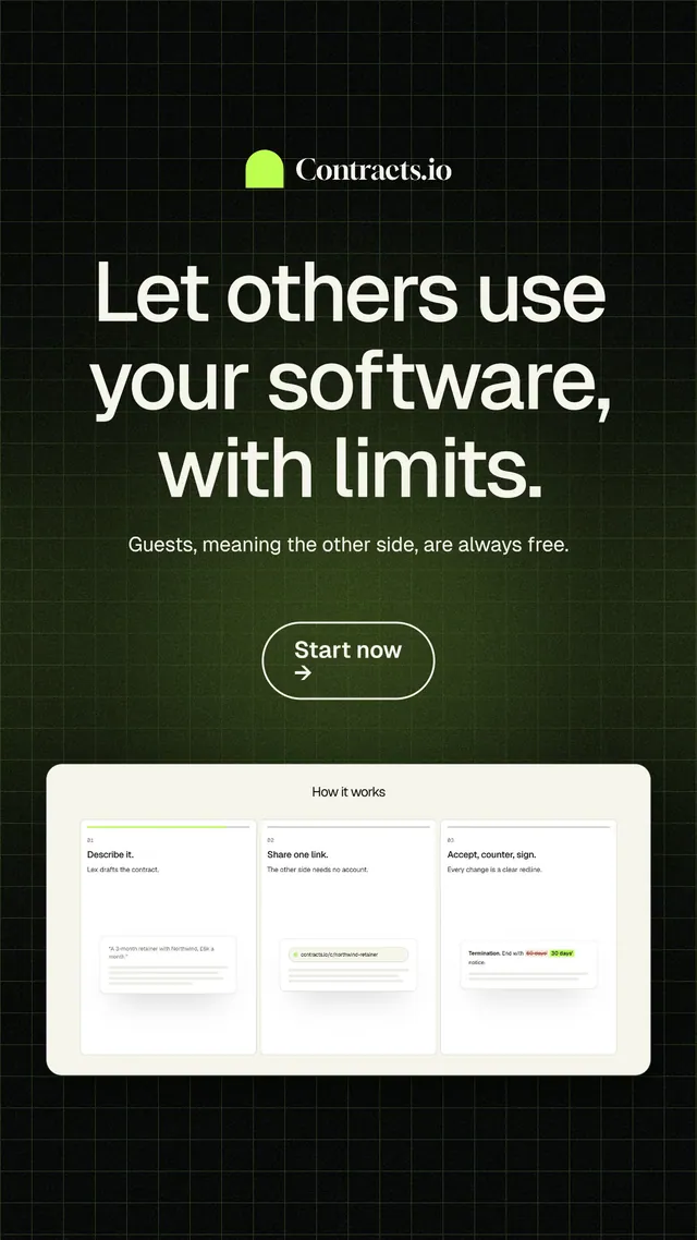 Instagram story for contracts.io: "Let others use your software, with limits." Phosphor atlas style, centred layout, dark palette in white, black, green.