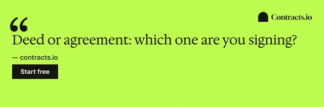 X header for contracts.io: "Deed or agreement: which one are you signing?" Swiss style, quote layout, light palette in green.