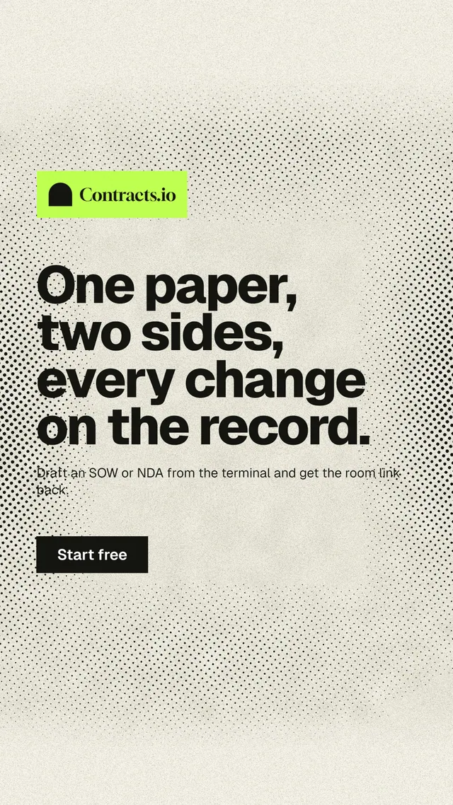 Instagram story for contracts.io: "One paper, two sides, every change on the record." Ink sticker style, announce layout, light palette in white, yellow, grey.