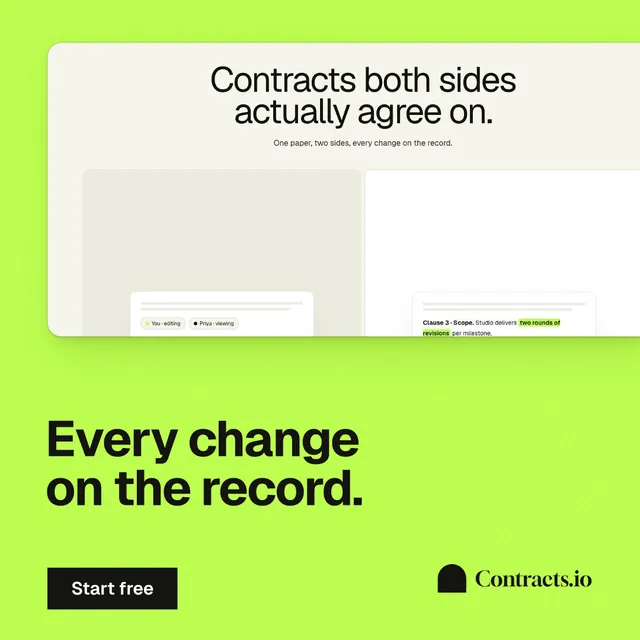 Instagram post for contracts.io: "Every change on the record." Swiss style, bottom layout, light palette in green.