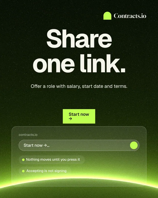 Instagram portrait post for contracts.io: "Share one link." Swiss style, centred layout, dark palette in green, black.