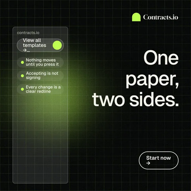 Instagram post for contracts.io: "One paper, two sides." Phosphor atlas style, right layout, dark palette in black, grey.